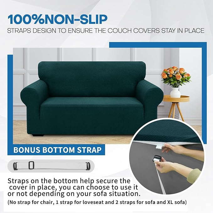 XINEAGE New 1 Piece Couch Covers for 2 Cushion (55"-69") Stretch Loveseat Sofa Cover Slipcover Jacquard Universal Furniture Protector with Elastic Bottom for Kids,Dog (Loveseat, Blackish Green)