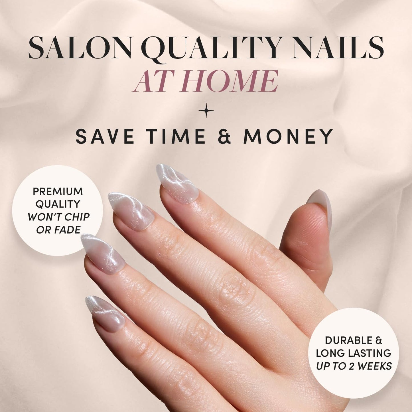 Glamnetic x GLAMZILLA Press-On Nails & Adhesive Nail Tabs - WOO-MAN! | Gray Short Almond Fake Nails with Velvet Cat Eye | 15 Sizes - 30 Nail Kit with Adhesive Tabs