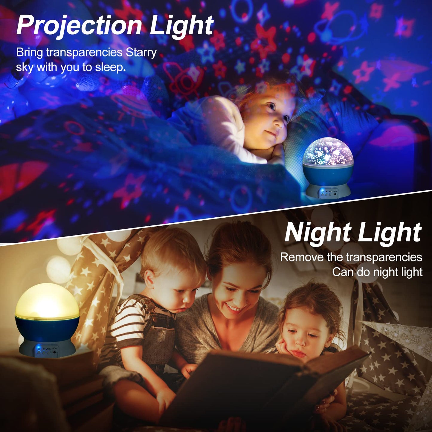 Christmas Baby Night Lights with Remote Control,Moon Projector 360 Degree Rotation - 4 LED Bulbs 8 Color Changing Light, Romantic Night Lighting Blue
