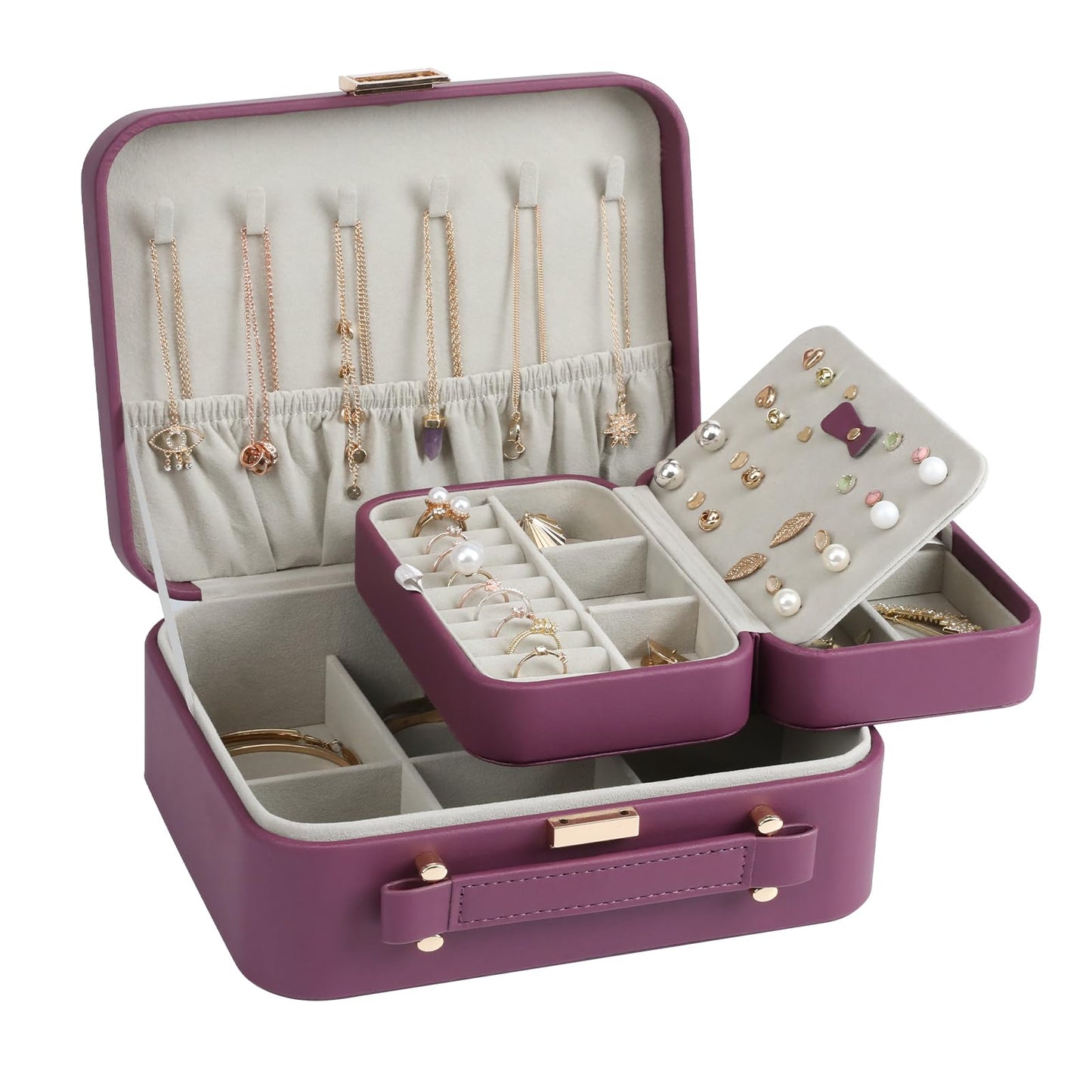 V-LAFUY Large Jewelry Case Organizer - Travel Jewelry Box and Portable Case, Burgundy Red