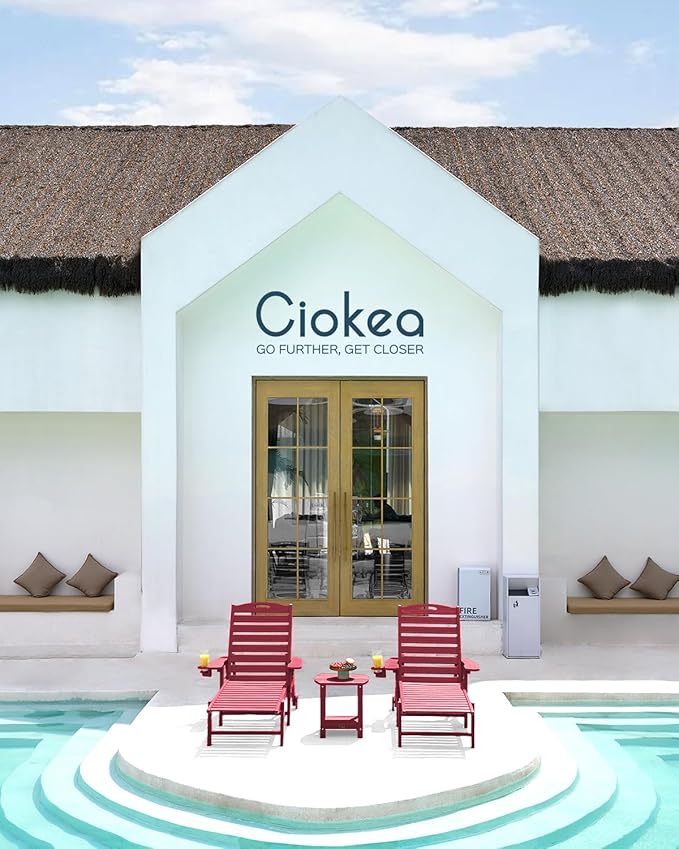 Ciokea Lounge Chair Outdoor, Oversized Chaise Lounge Chair with 5 Positions, HDPE, Patio Lounge Chair with Wheels & Cup Holder for Pool, Deck, Poolside, Red