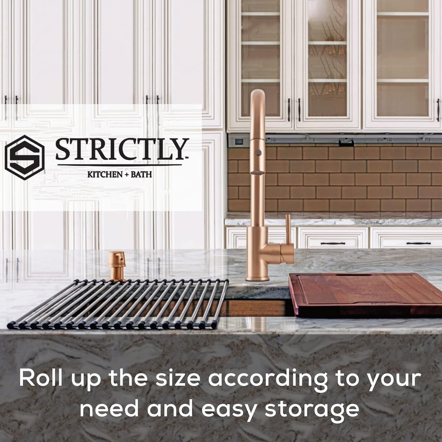 Strictly Sinks Stainless Steel Roll Up Dish Drying Rack – Gold 17 Inch Over The Sink Drying Rack Ideal for Workstation Sinks Only – Multipurpose Foldable Kitchen Dish Rack (17-3/8″ x 13″ x 3/8″)