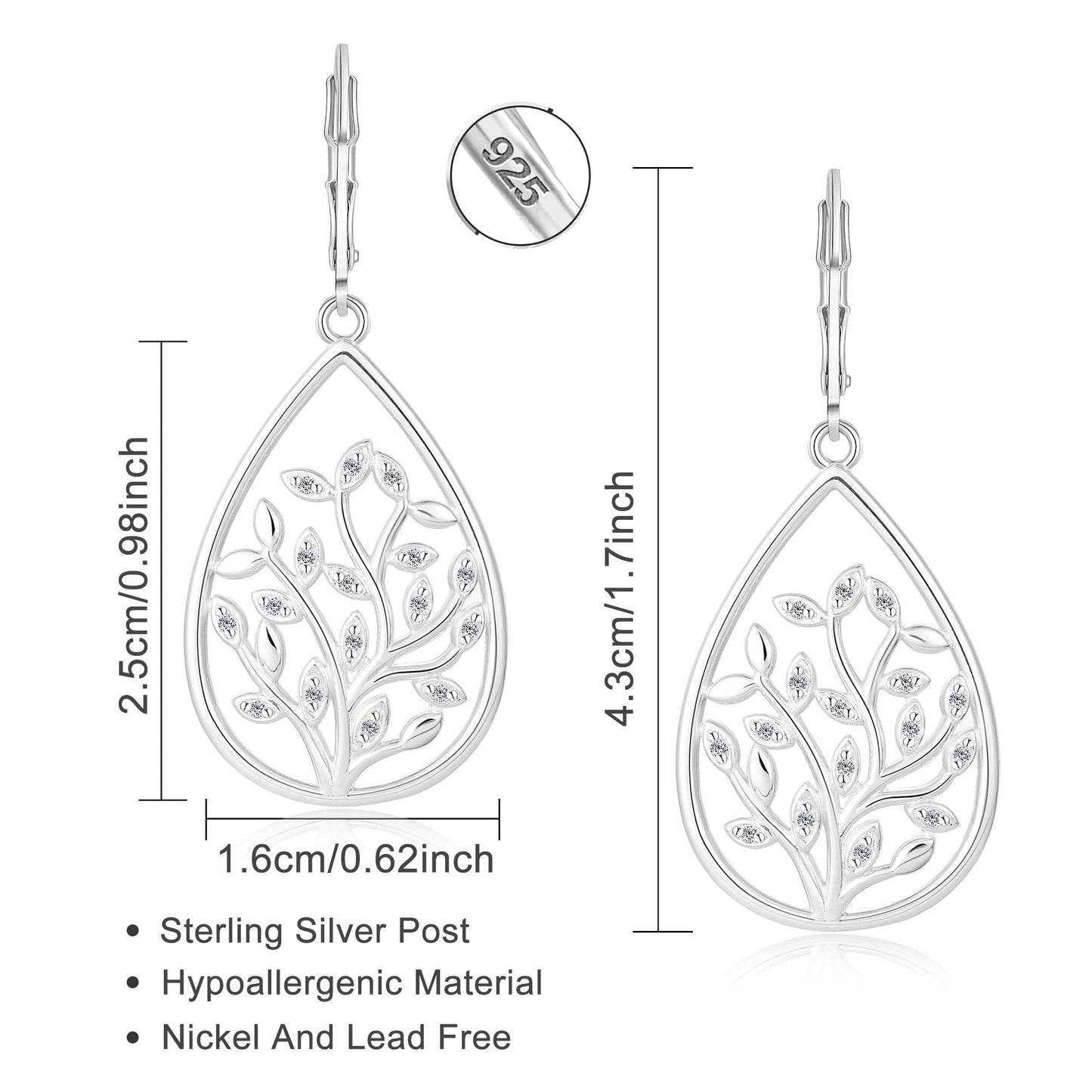 Sterling Silver dangle Earrings for Women Trendy Filigree Teardrop Earrings Lever back Hook Dangle Drop Earring for Gifts (Grass-S)