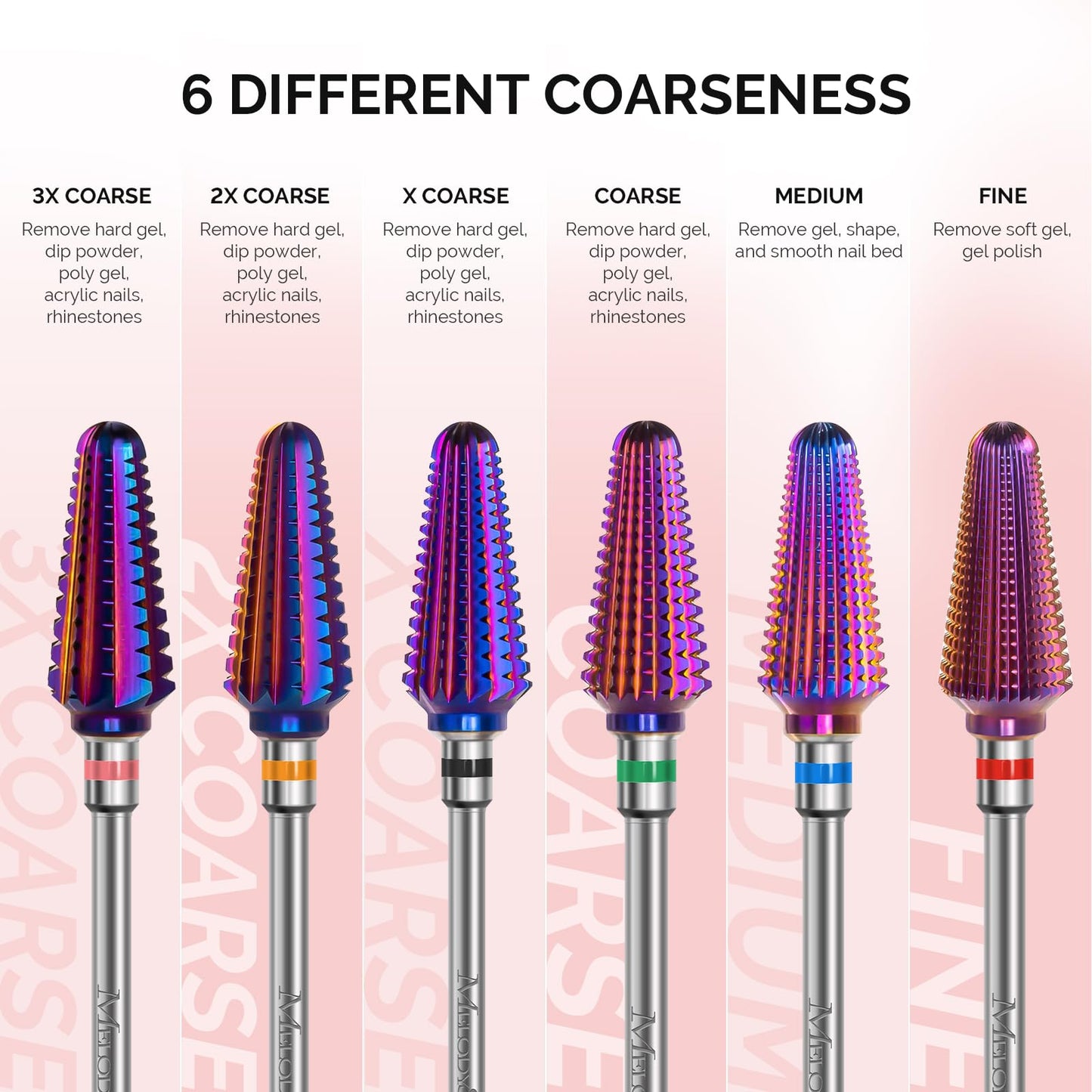 MelodySusie Professional Tornado Nail Drill Bits, 3/32'' Carbide Tungsten Multi-function Bits, Suitable for Manicure Pedicure Cuticle Gel Polishing, Salon Bits, Purple, Series Bit-X, Fine