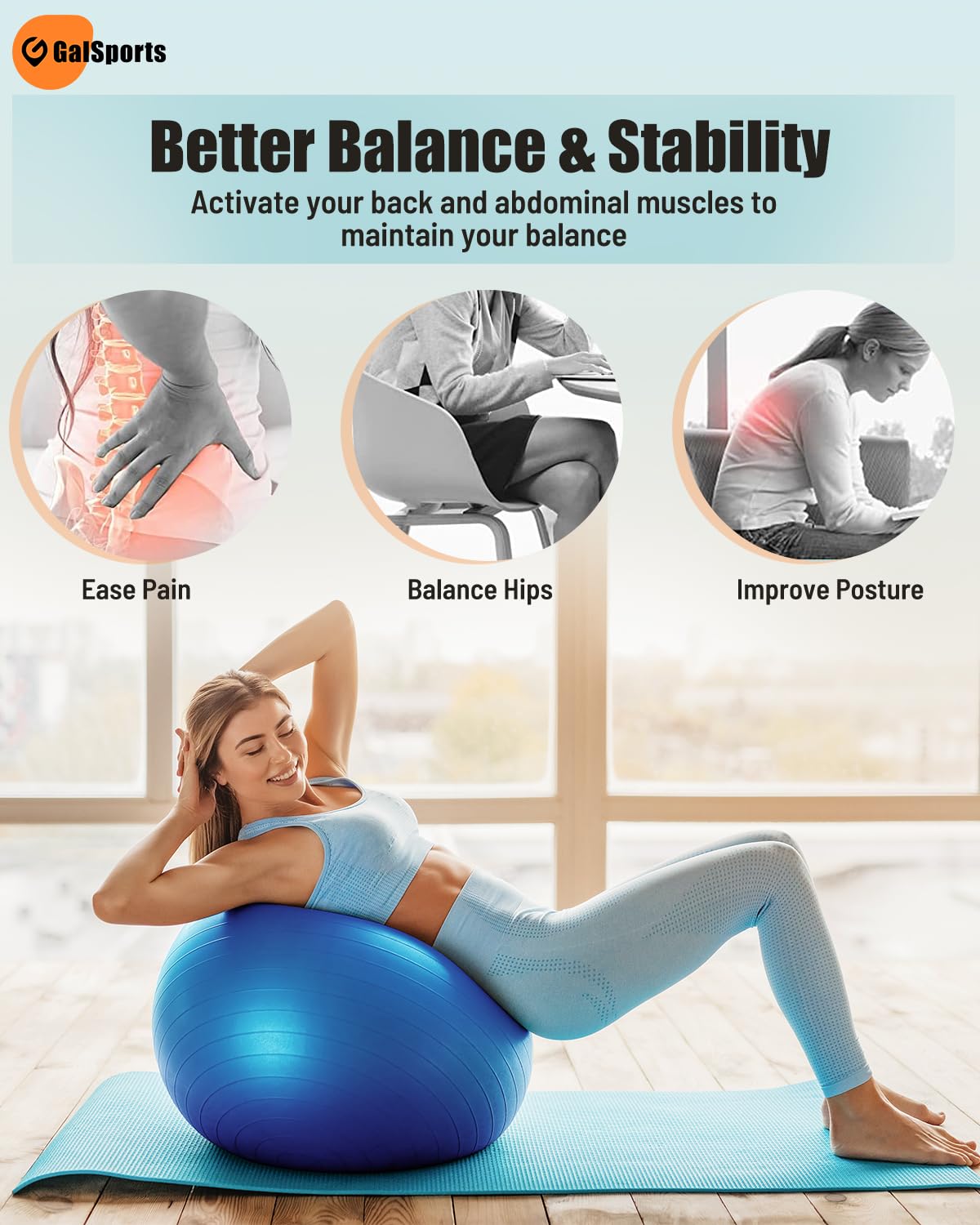 GalSports Anti-Burst Slip Resistant Stability Ball - Swiss Ball for Home Gym & Physical Therapy
