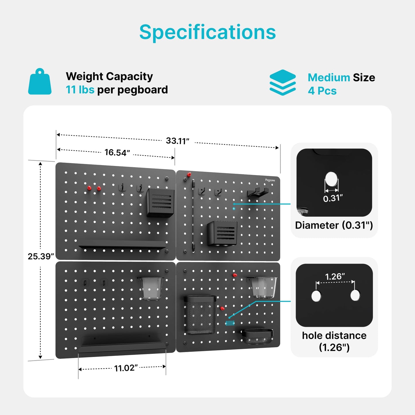 PEGZONE Pegboard Wall Organizer Combination Kit,Overall 33.1"x25.4" Metal Office Pegboard with 21 Accessories, Wall Mounted Peg board Display Panels for Home, Gaming Room, Garage (4Pcs,Black)