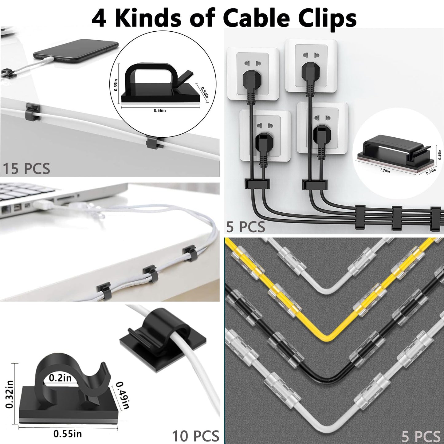 ELII 300PCS Cable Management Kit,4 Cable Sleeve 35 Cable Clips with 11Cord Holders,20 Roll Cable Organizer Straps and 200 Fastening Cable Ties,20 Cable Zip Tie Mounts for Computer TV Under Desk