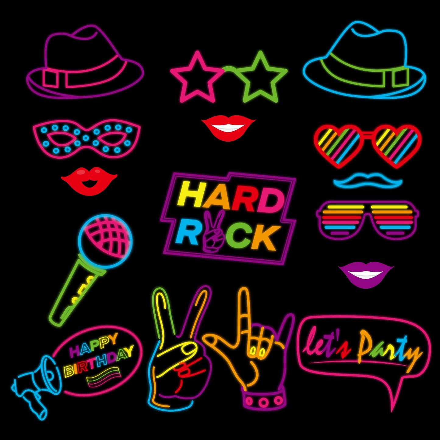 KEPATO 16 Pcs Glow Neon Photo Booth Props with Stick Fluorescent Neon Party Supplies for Birthday Disco Black Light Party ﻿