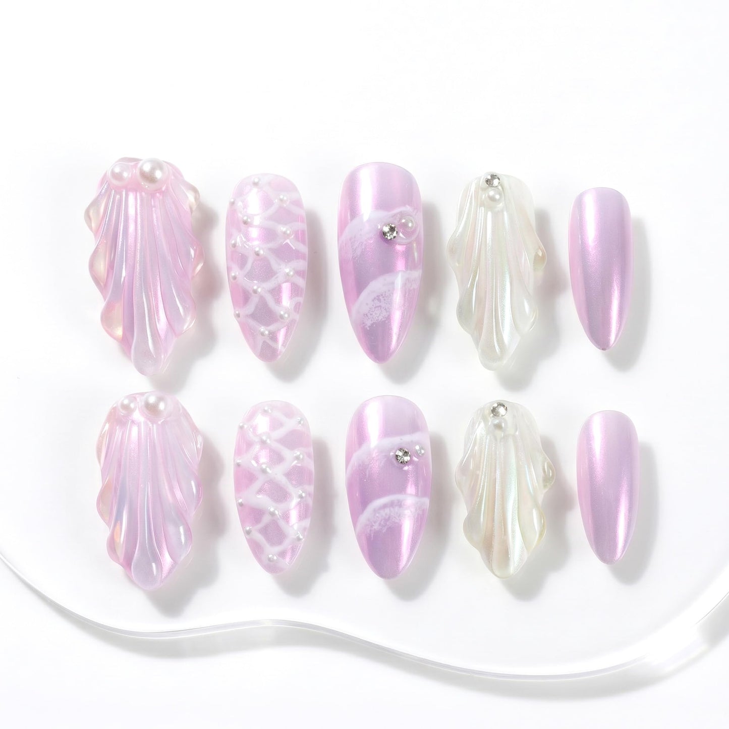 Sun&Beam Nails Handmade Press On Nail Medium Long Almond Oval Purple White Pearl Shell Fake Tip 3D Design Art Charms Cute with Storage Box 10 Pcs (Purple-L)