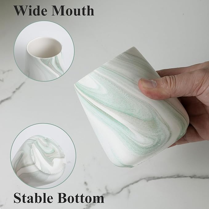 Marble Green Toothbrush Holder for Bathroom - Ceramic Tooth Brushing Holders, Toothbrush Cup, Toothpaste Organizer for Bathroom Countertop, Makeup Brush Holder, Pen Holder for Home Desktop Storage