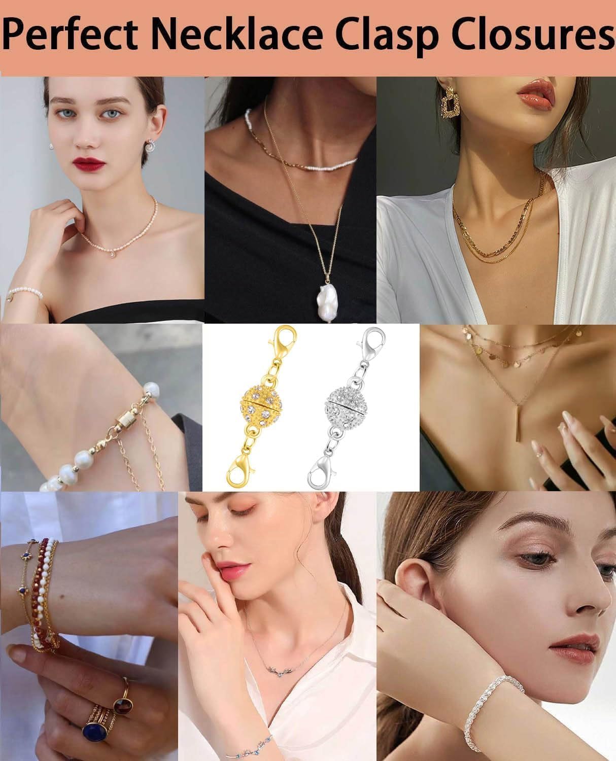 Magnetic Necklace Clasps, 18K Gold and Silver, Crystal Rhinestone Ball Connector with Lobster Clasp, Jewelry Extender for Necklaces, Bracelets (3pcs Silvery)