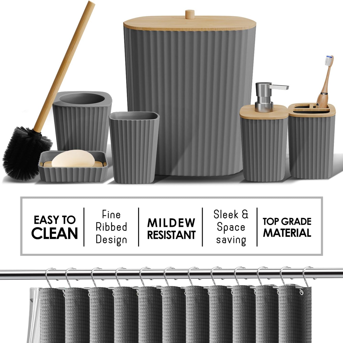 Clara Clark Bathroom Accessories Set - Bathroom Set, Bathroom Accessory Set, Shower Curtain Set, Toilet Brush, Trash Can & Soap Dispenser - Grey - 20PC