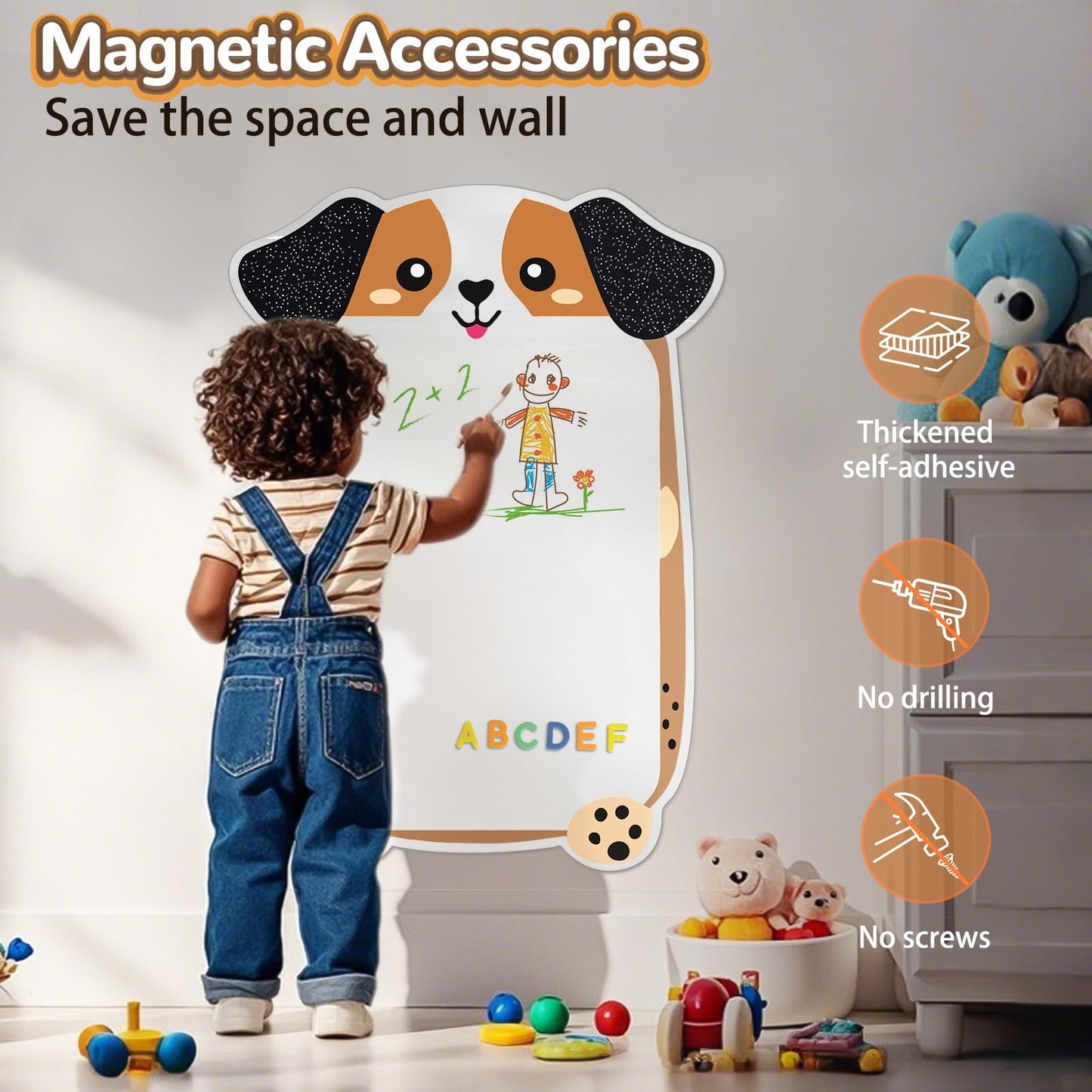 Magnetic Dry Erase Board for Wall 37" x 24", Cute Puppy Magnetic Wall Decal for Kids Playroom, Classroom, Home, School (Cartoon Animals Theme)
