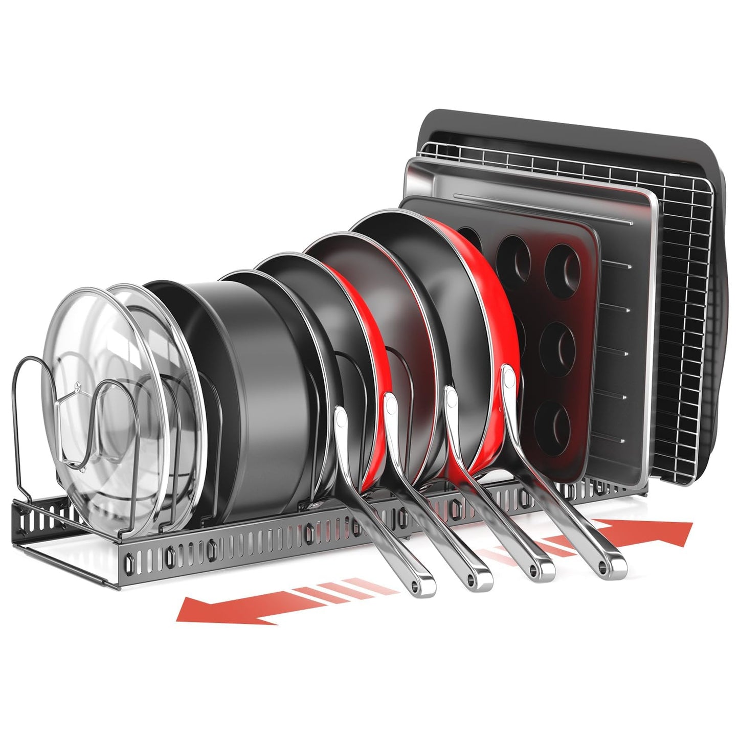 ORDORA Pots and Pans Organizer under Cabinet, Expandable 11.8"-22.8" Pot Lid Holder with 12 Adjustable Dividers, Pan Organizers inside Cabinet for Kitchen Cookware Bakeware, Black