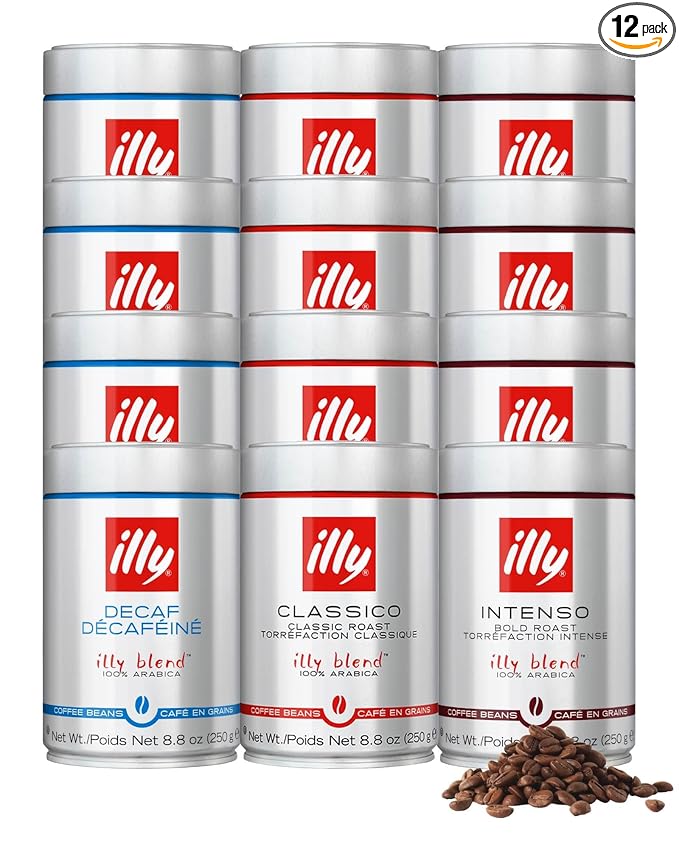 illy Whole Bean Coffee, Classico Medium, Decaffeinated and Intenso Bold Roasts, 100% Arabica, Premium Italian Coffee, Ideal for Espresso, Drip, Moka and French Press Brewing, 8.8oz, 12 Variety Pack