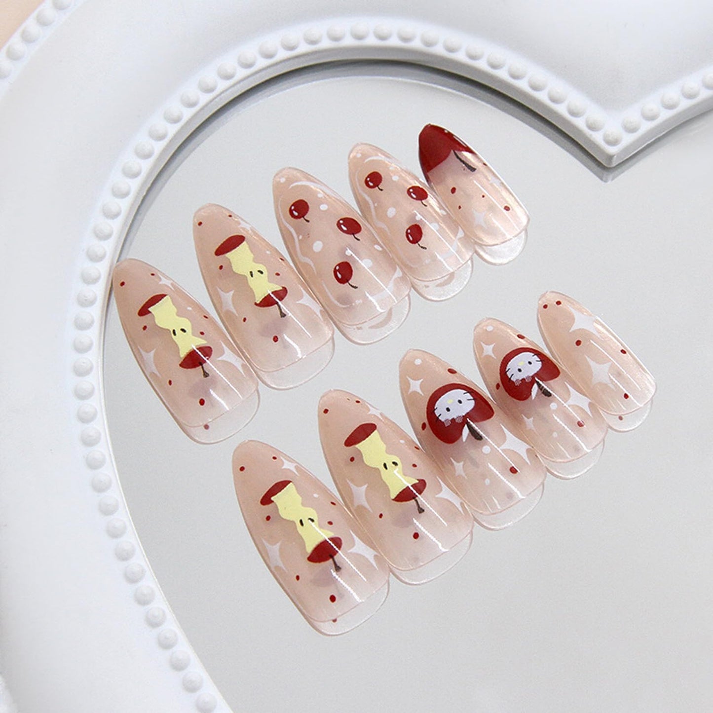 IMSOHOT Press on Nails Medium Almond Fake Nails Red Apple Acrylic False Nails with Cute Kitten Designs Nude Glossy Full Cover Stick on Nails for Women Girls 24Pcs