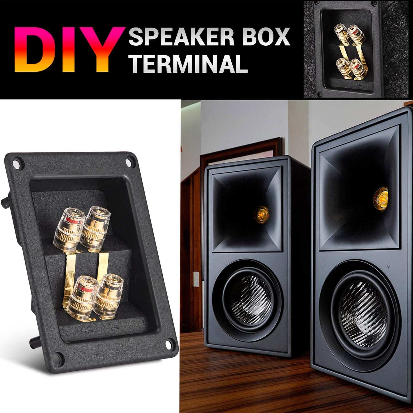 Facmogu 2PCS Rectangle 4-Way Speaker Terminal Box, Gold-Plated Binding Post Terminal Cable Connector for DIY Applications, Terminal Cups with 2 Pairs Banana Plug Socket Connector & 4PCS Screws