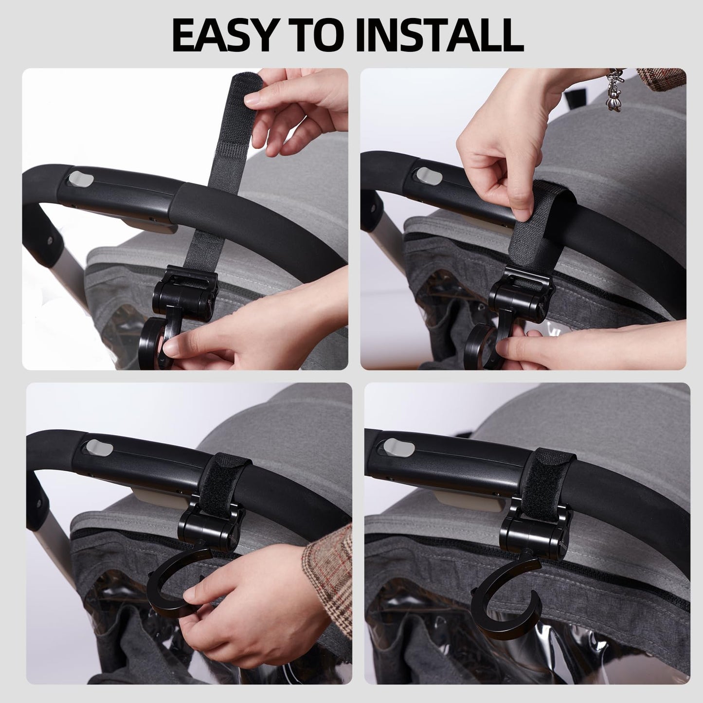 SUNVENO Stroller Hooks for Diaper Bag 4 Pack, Baby Travel Essential Heavy Duty 360° Rotating Clips, Universal Stroller Accessories for Wagons, Strollers, Carts and Bikes, Holds 10 lbs Each
