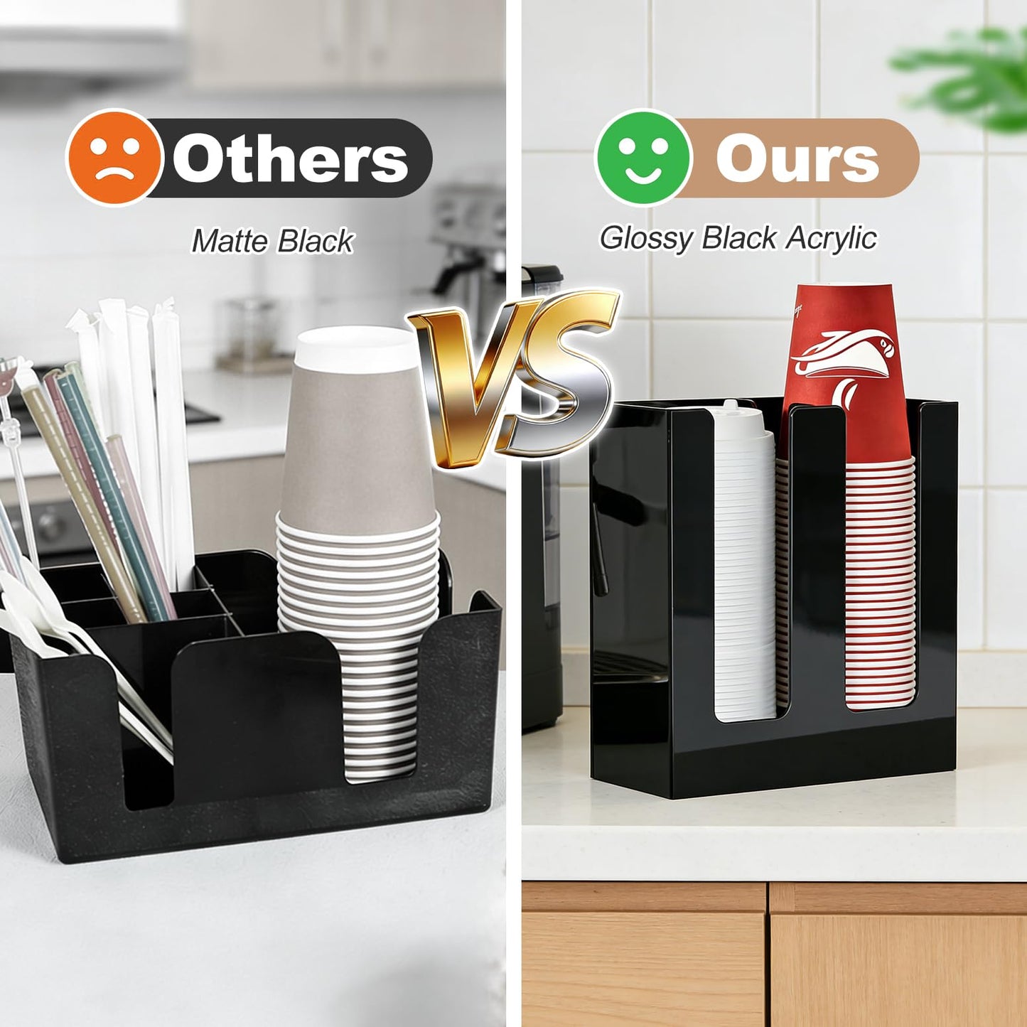 MYITYARD Coffee Cup Holder, Cup and Lid Organizer fits 5 to 16 oz Disposable Paper & Plastic Cups, Cup Dispenser Countertop, Acrylic Cup Storage for Home, Kitchen, Office (2 Compartment)