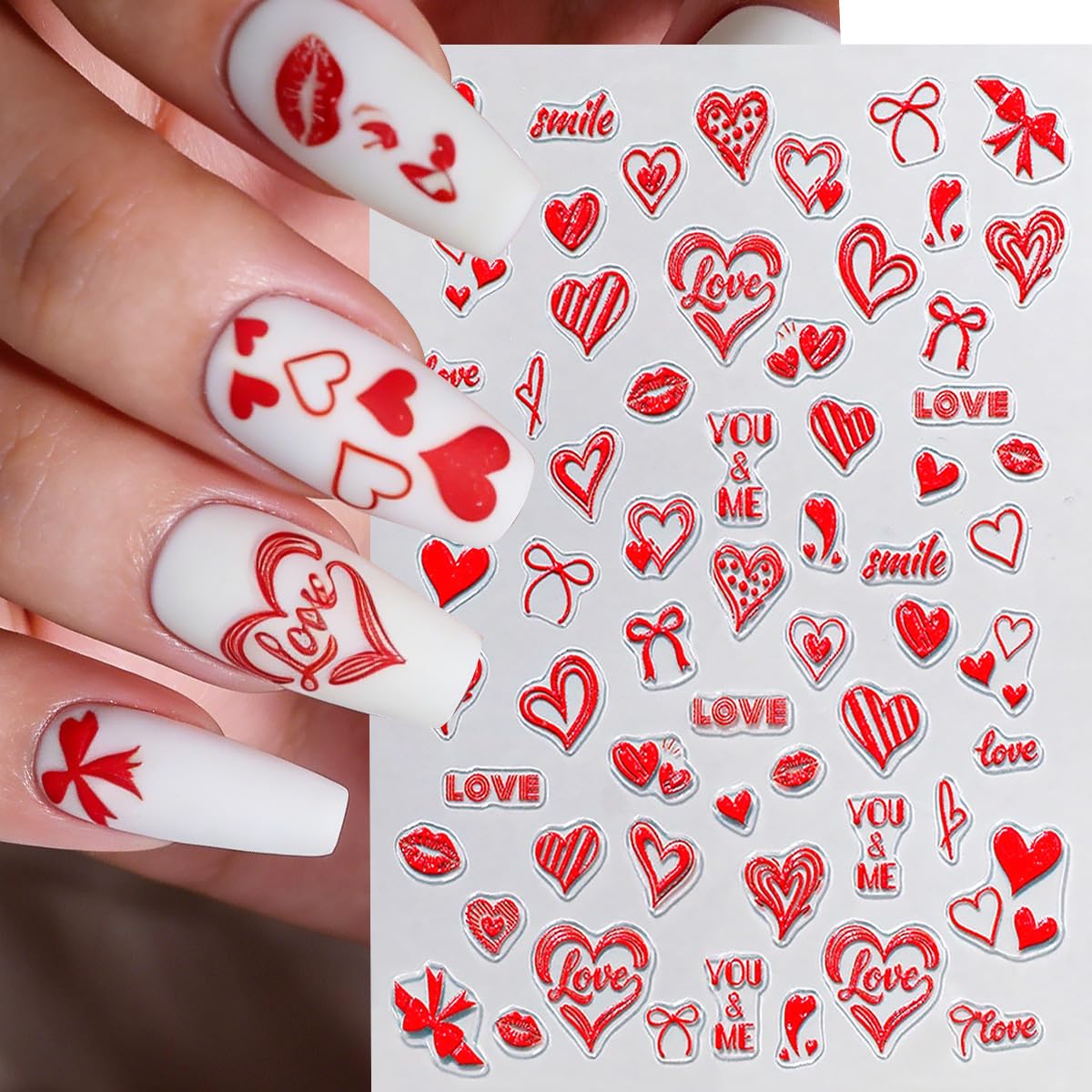 4 Sheets 5D Embossed Valentines Nail Art Stickers Red Heart Bow Nail Decals Self-Adhesive Romantic Love Red Lips Nail Design Stickers Cute Valentine's Nails Supply for Women DIY Manicure Decoration