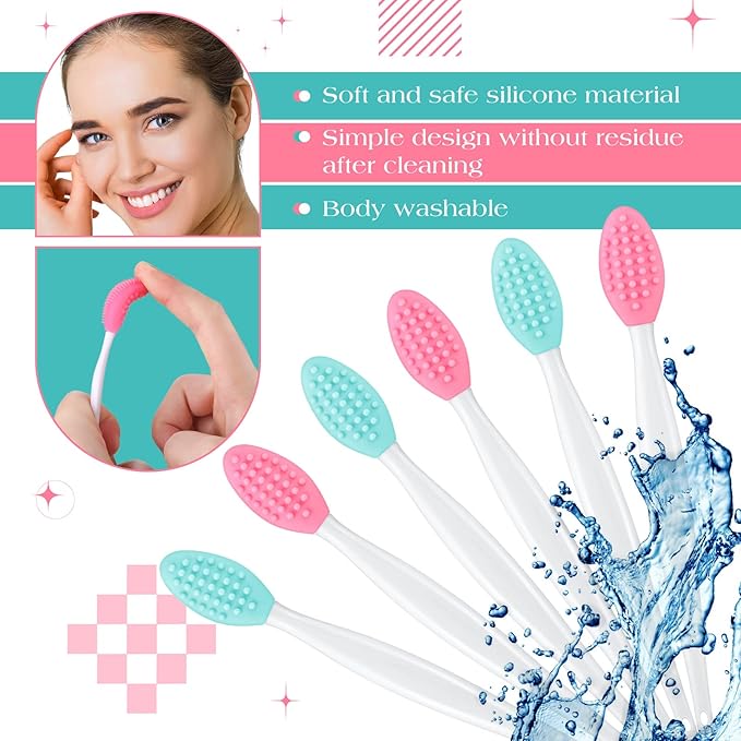 Patelai 24 Pcs Silicone Exfoliating Lip Scrub Brush with Container Double Sided Silicone Lip Scrubber Soft Cleaning Brush for Men Women Lightening for Dark Lips(Pink, Green)