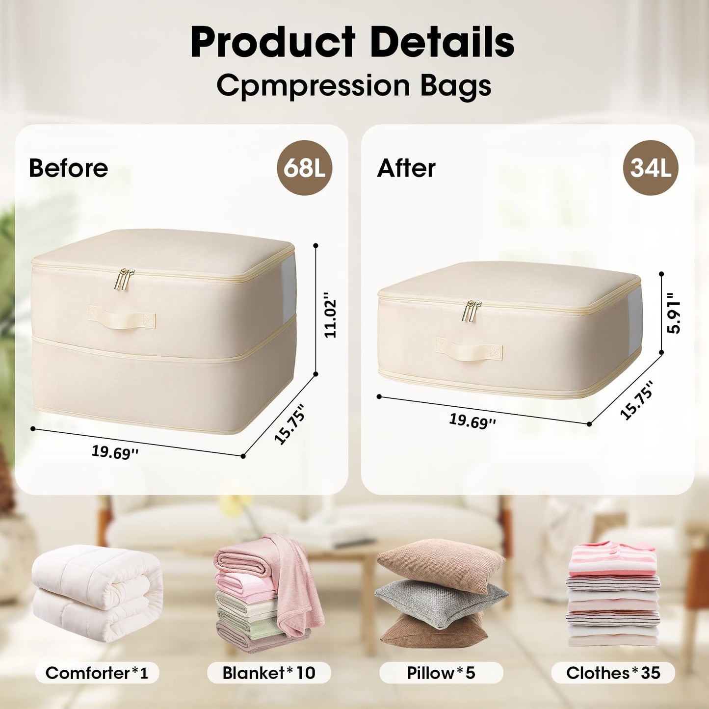 4 Pack Comforter Storage Bag, 68L Blanket Storage Bags Self Compression Comforter Organizer and Storages, Space Saving Washable Compression Bags for Blanket Bedding Pillow Duvet Quilt, Beige