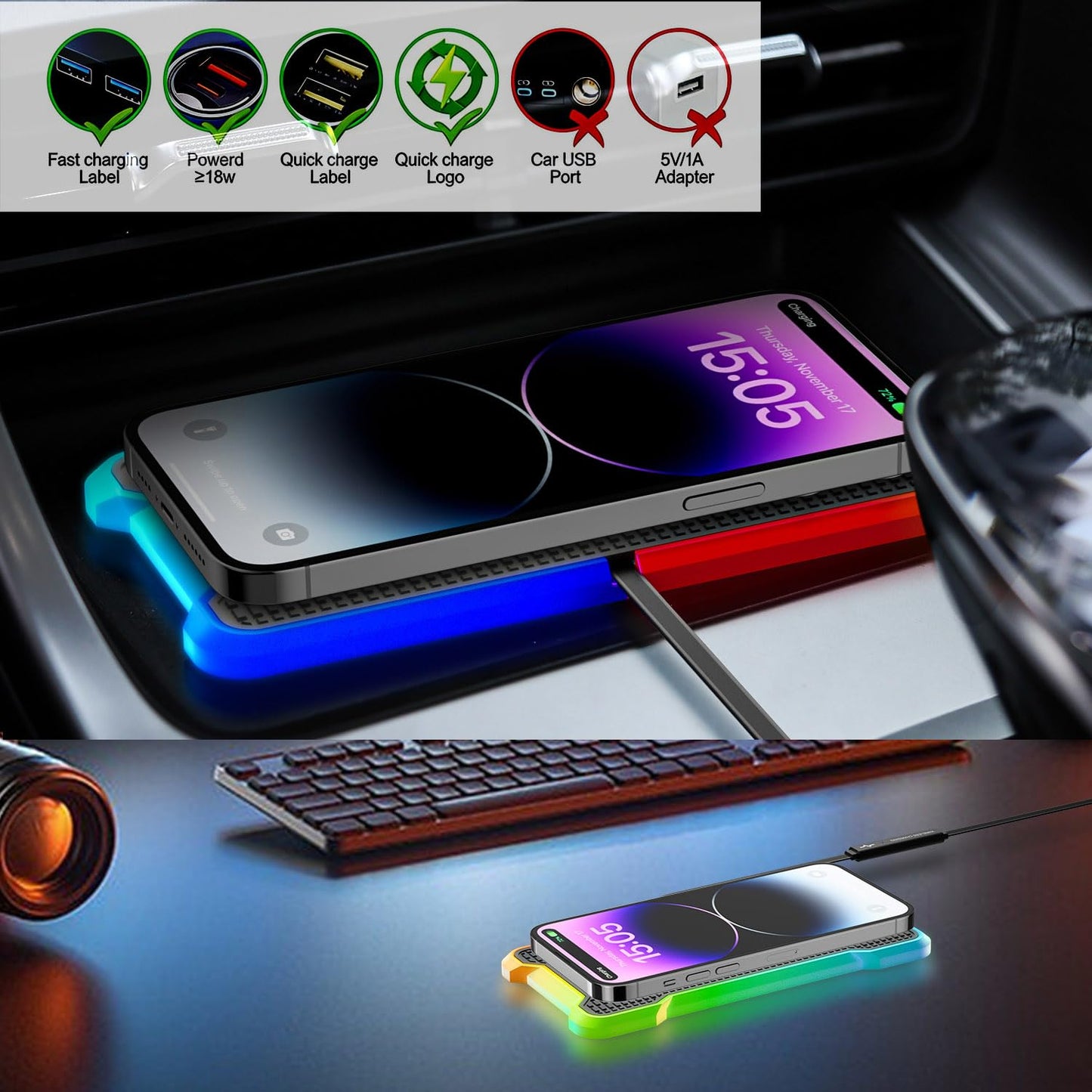 Wireless Charger Car Fast Charging pad, POLMXS Wireless Phone Charger Cell Phone RGB Light up Cordless Charging mat Compatible with iPhone 11/12/12/14/15 Galaxy S21/S22/S23/24 Airpod (C15 PAD)