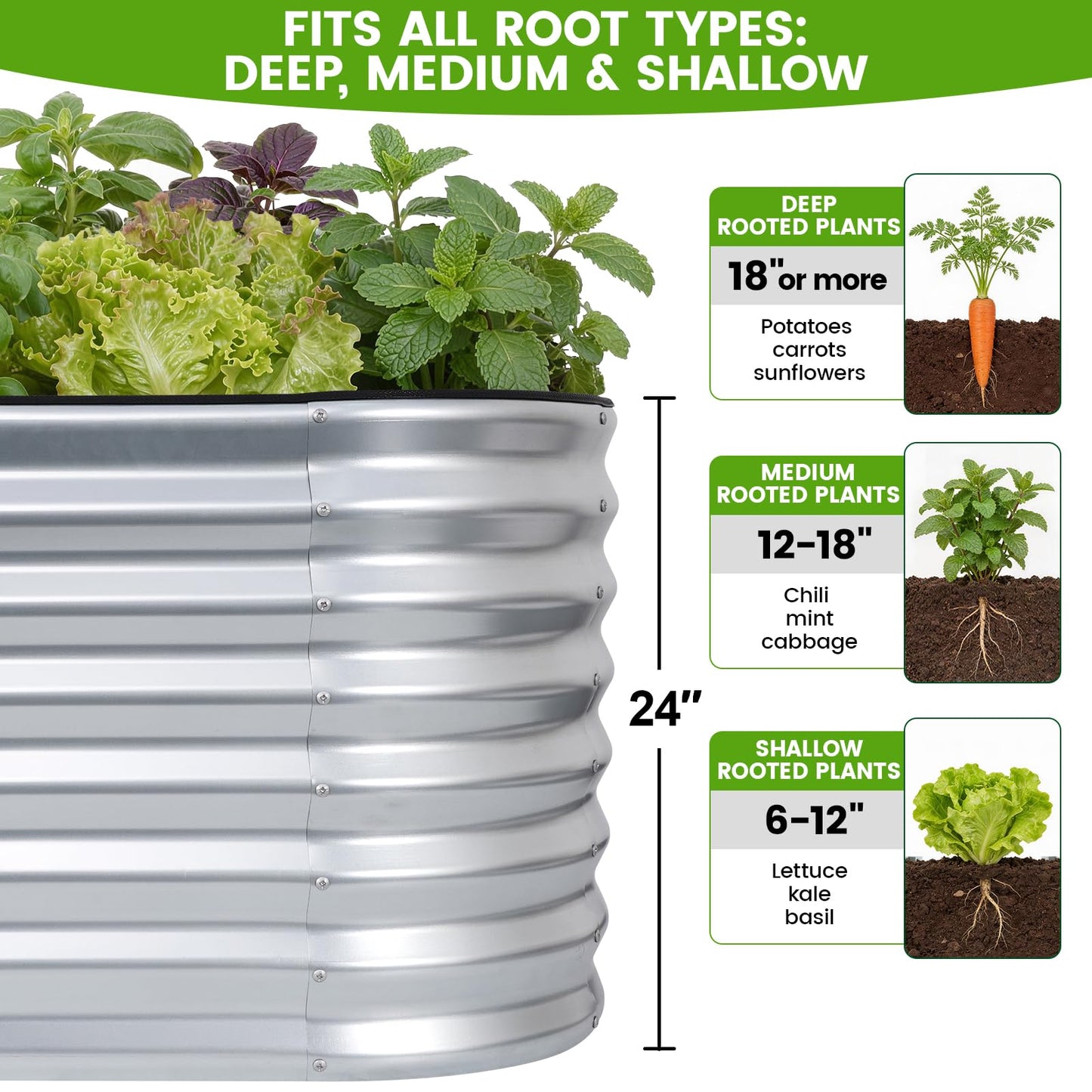 VIREO GARDEN Galvanized Raised Garden Bed Outdoor 24'' Deep | Oval Metal Garden Beds with Easy Assembly & Planter Box for Planting Deep Root Vegetables Fruits Flowers, 4x2x2ft Silver