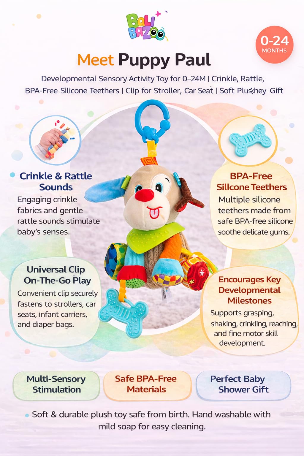 Balibazoo Puppy Paul Hanging Baby Toy for 0-24M - Developmental Sensory Activity Toy | Crinkle, Rattle, BPA-Free Silicone Teethers | Clip for Stroller, Car Seat | Soft Plush Newborn Gift