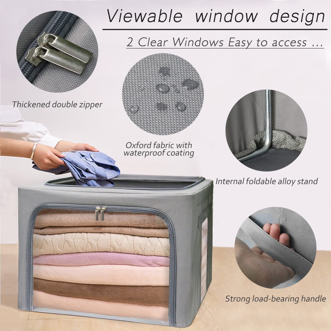 Stackable Clothes Storage Box for Clothing Gadgets,Steel Frame Storage Bins for Toys Gift,Foldable Oxford Fabric Closet Organizer Bag Set w/ Carry Handles Clear Window (Medium- 40L x3 Pack, Grey)