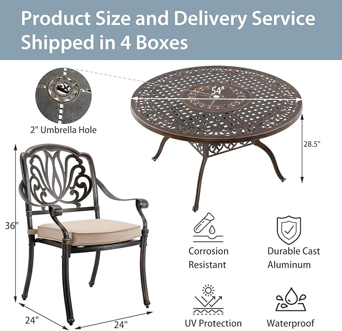 7-Piece Cast Aluminum Patio Furniture, Outdoor Dining Sets for 6 Include 54" Round Patio Dining Table and 6 Stackable Chairs with Cushions & Umbrella Hole (Bronze)