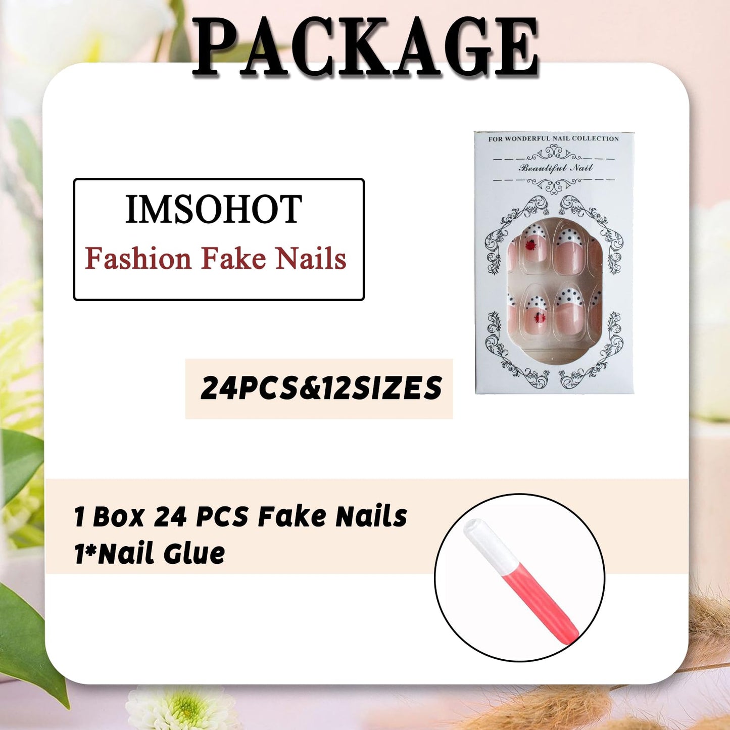 IMSOHOT Press on Nails Short Oval Fake Nails Polka Dot French False Nails with Ladybug Design Glossy Full Cover Acrylic Glue on Nails for Women Girls Manicure 24Pcs