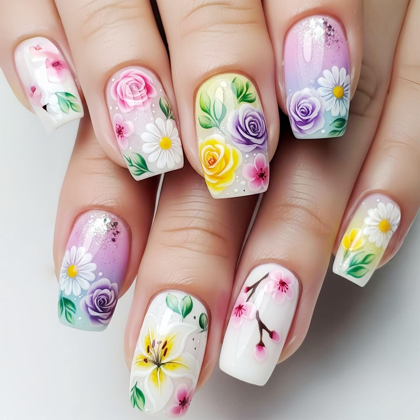 Square Press on Nails Medium Fake Nails with Purple White Yellow Pink Flower Green Leaves Designs Glossy Glue on Nails Gradient Nails Press ons Acrylic Artificial Stick on Nails for Women 24Pcs