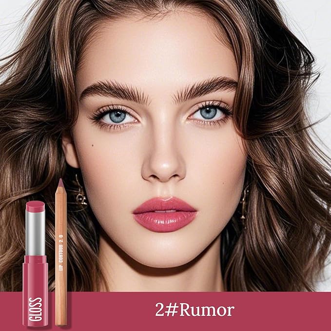 Erinde 2pcs Lip Liner and Lipstick Combo Set, Matte Lipliner Pencil & Hydrating Lip Gloss Makeup Kits for Women, Waterproof, Long Lasting, Highly Pigmented, Nude Brown Natural Lipstick, 02