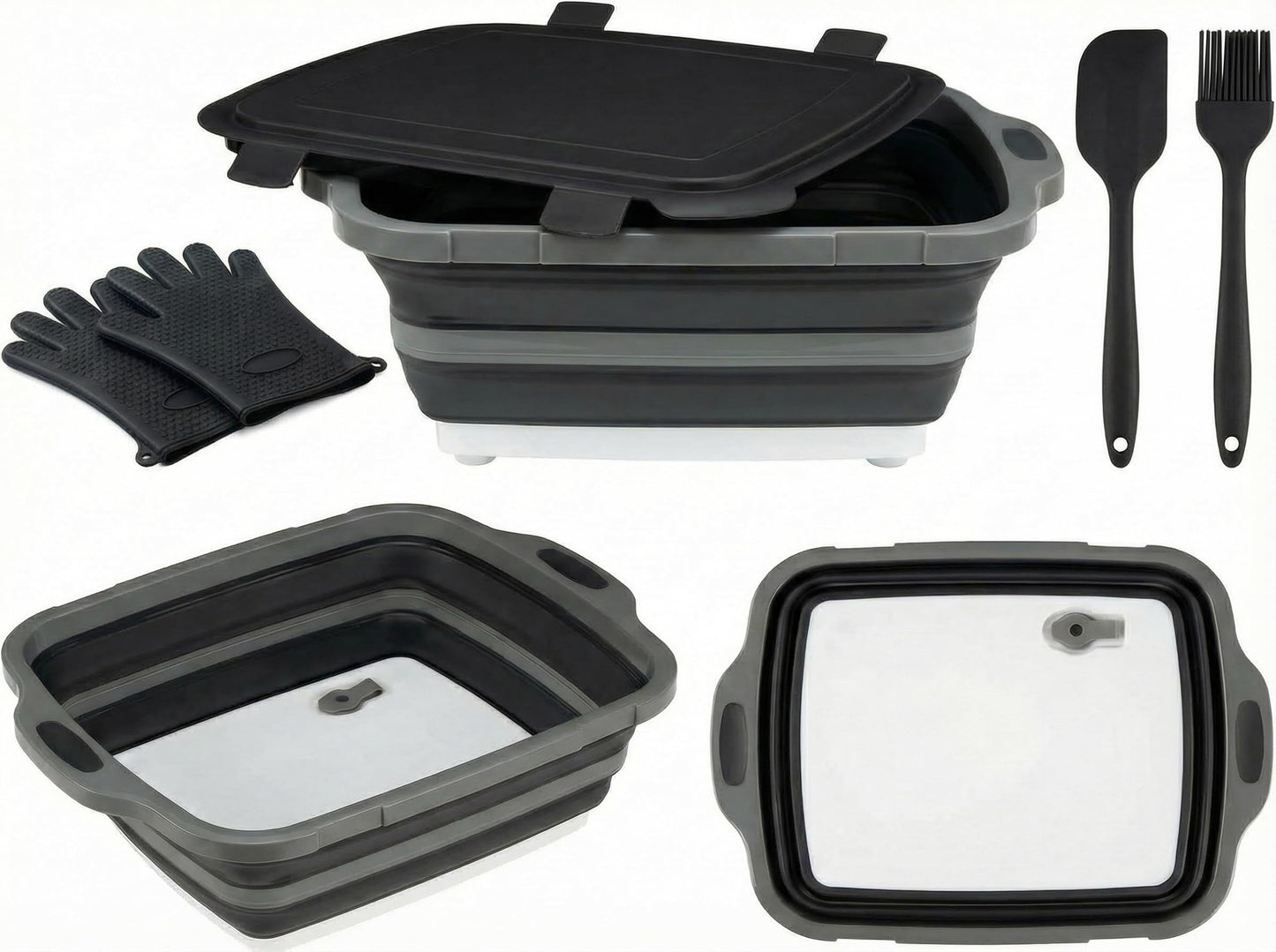 Collapsible BBQ Prep Tub with Lid & Cutting Board 8L - Meat Marinating Basin & Grill Carry System - 5pc Set with Heat Resistant Gloves, Basting Brush & Spatula(Black, Large, 8L)