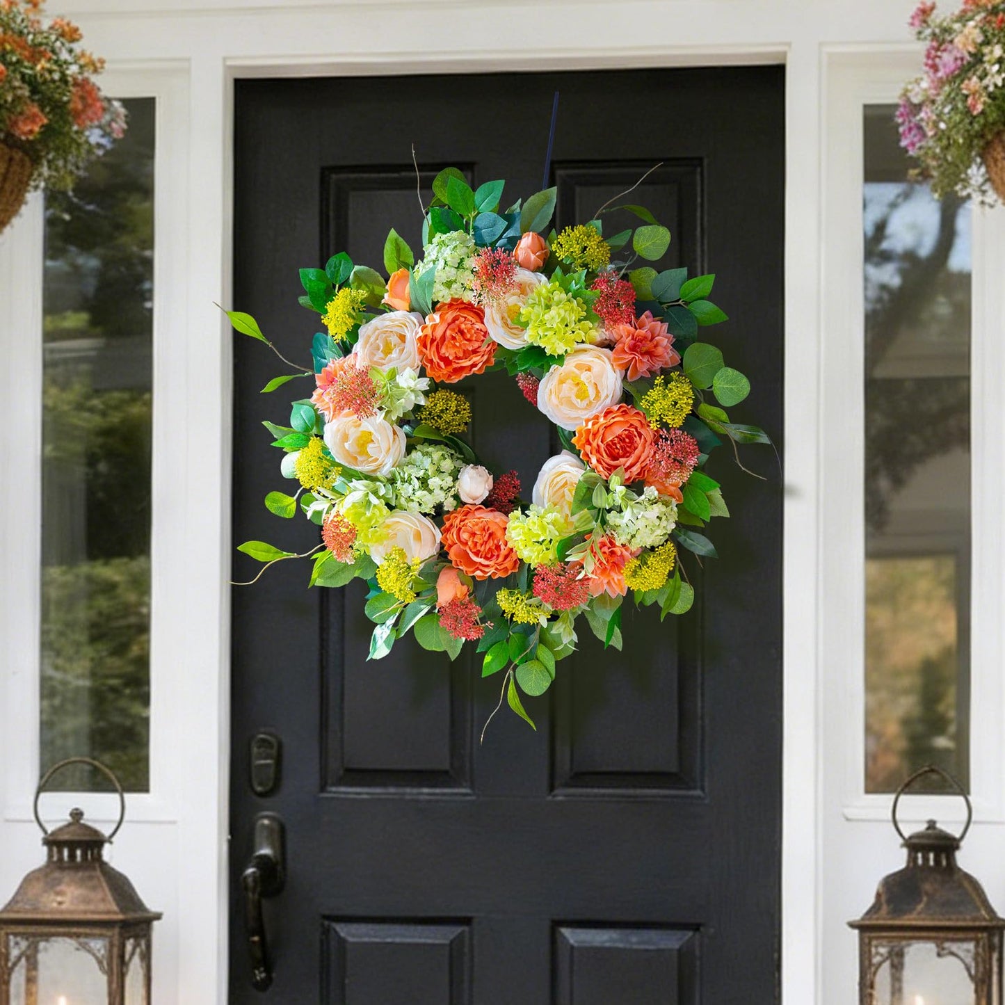 CHvista Spring Wreaths for Front Door Outside 24 Inch Luxury Summer Wreath with White Rose Flowers,Pink Dahlia & Green Hydrangeas,Lush Greenery Spring Front Door Wreath for Home,Wall,Porch Decor