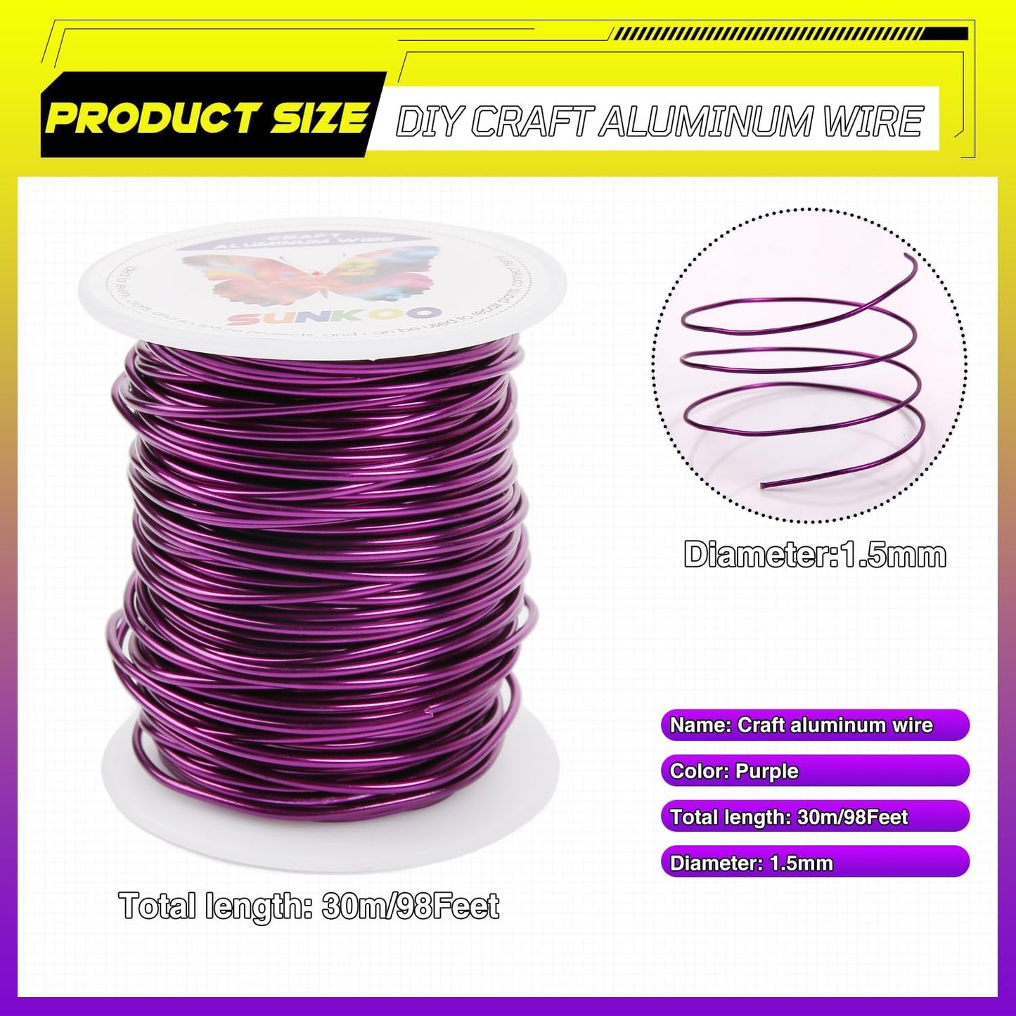 Sunkoo Aluminum Craft Wire,15 Gauge (1.5mm) Purple Bendable Wire,100 Feet Continuous Roll for Jewelry Making,Sculpting,Floral & Armature Projects