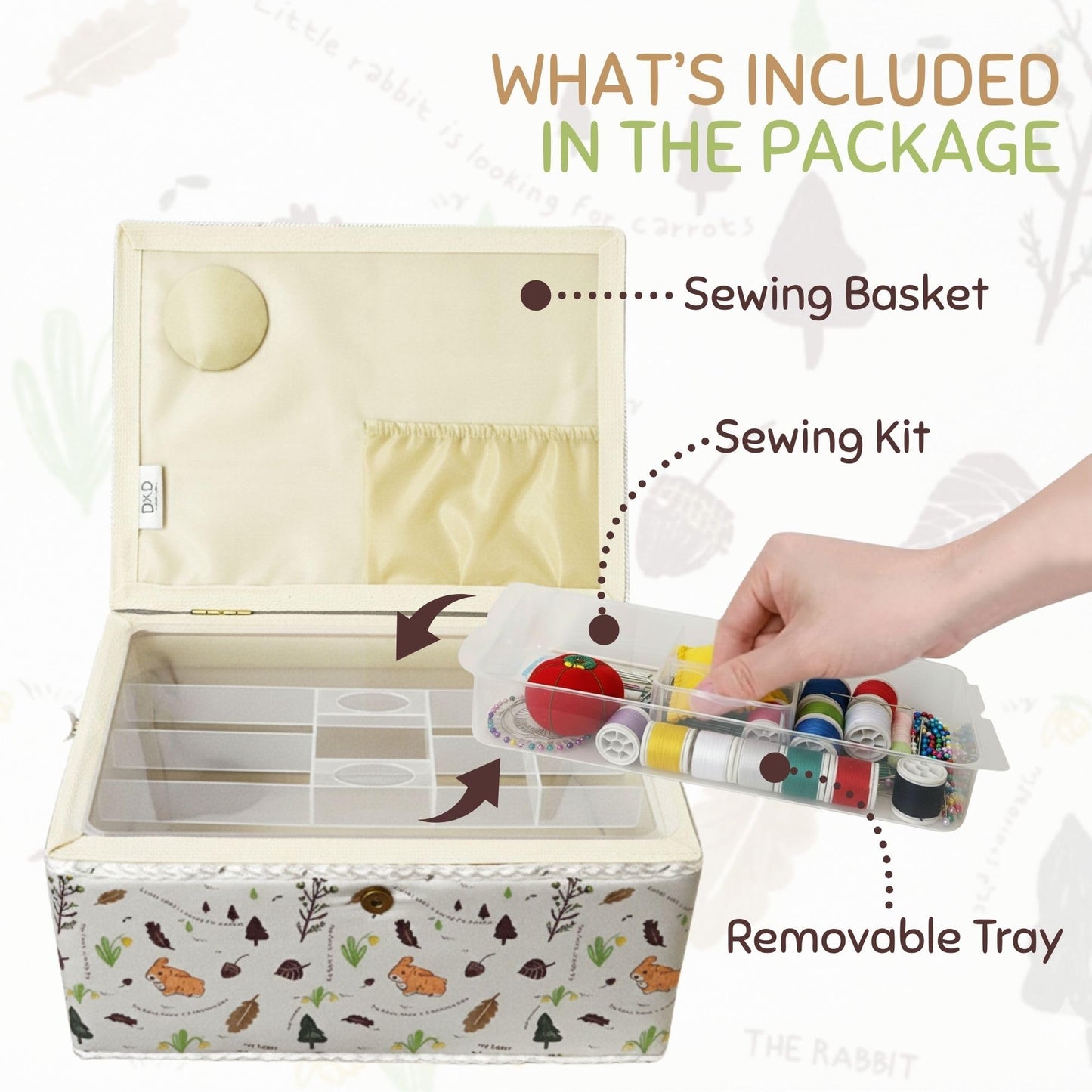 Wooden Sewing Basket Kit with Complete Sewing Tools, Large Box Organizer with Removable Tray and Tomato Pincushion for Hand Sewing and DIY Repairs, Rabbit Forest