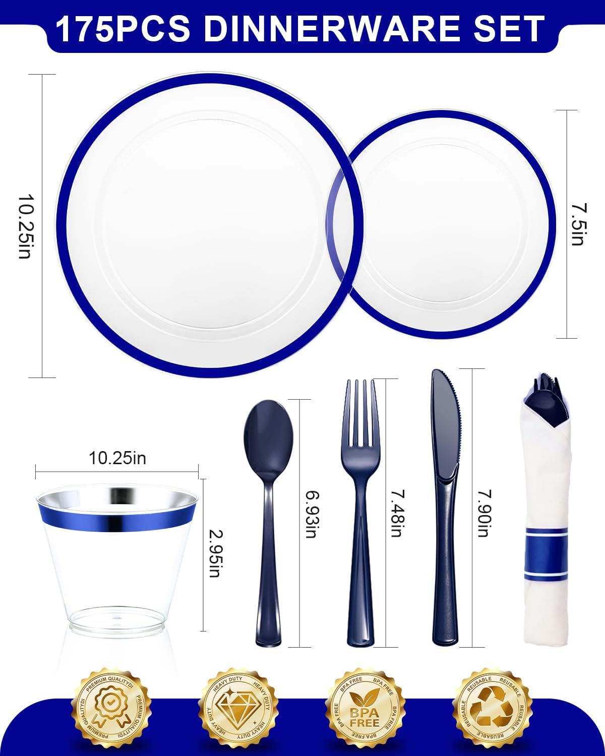 175Pcs Plastic Plates for Party, Disposable Clear Blue Dinnerware Set for 25 Guests, 50 Plastic Plates, 25 Cups, 25 Pre-Rolled Napkins with Cutlery for Party, Wedding, Thanksgiving, Christmas