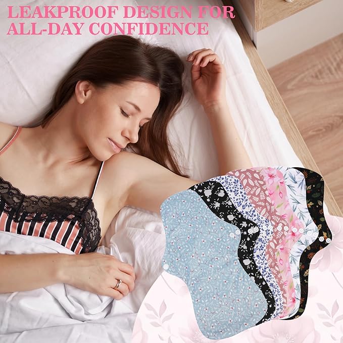 PHOGARY 7 Pack Reusable Menstrual Pads Large Sanitary Pads Set for Heavy Flow with 1 Wet Bag, Washable Overnight Cloth Panty Liners with Wings for Women, 33cm