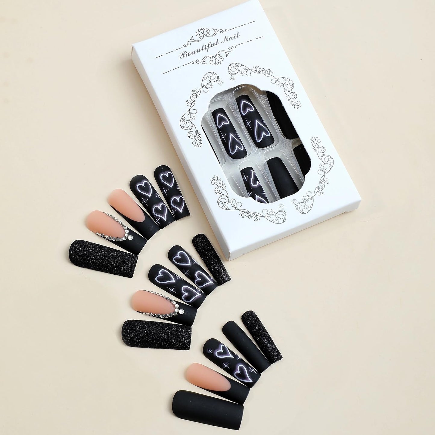 MISUD Press on Nails - Long Square Fake Nails with Matte Black, Acrylic Bling Glitter Design 24 pcs