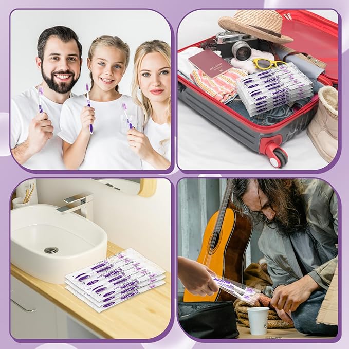 100 Prepasted Disposable Toothbrushes Individually Wrapped Pre Pasted Toothbrushes Soft Bristle Travel Tooth Brush Single Use Wrapped for Hotel, Camping, Travel and Gift for The Homeless (purple)