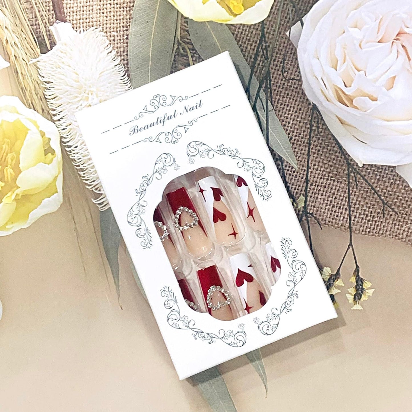 FIEONCIY Press on Nails Long Coffin Shaped Acrylic Glossy Full Cover Long Square French False Nails with Designs Artificial Extra Long Fake Nails with Charms Glue ons Fingernails for Women(A80108)
