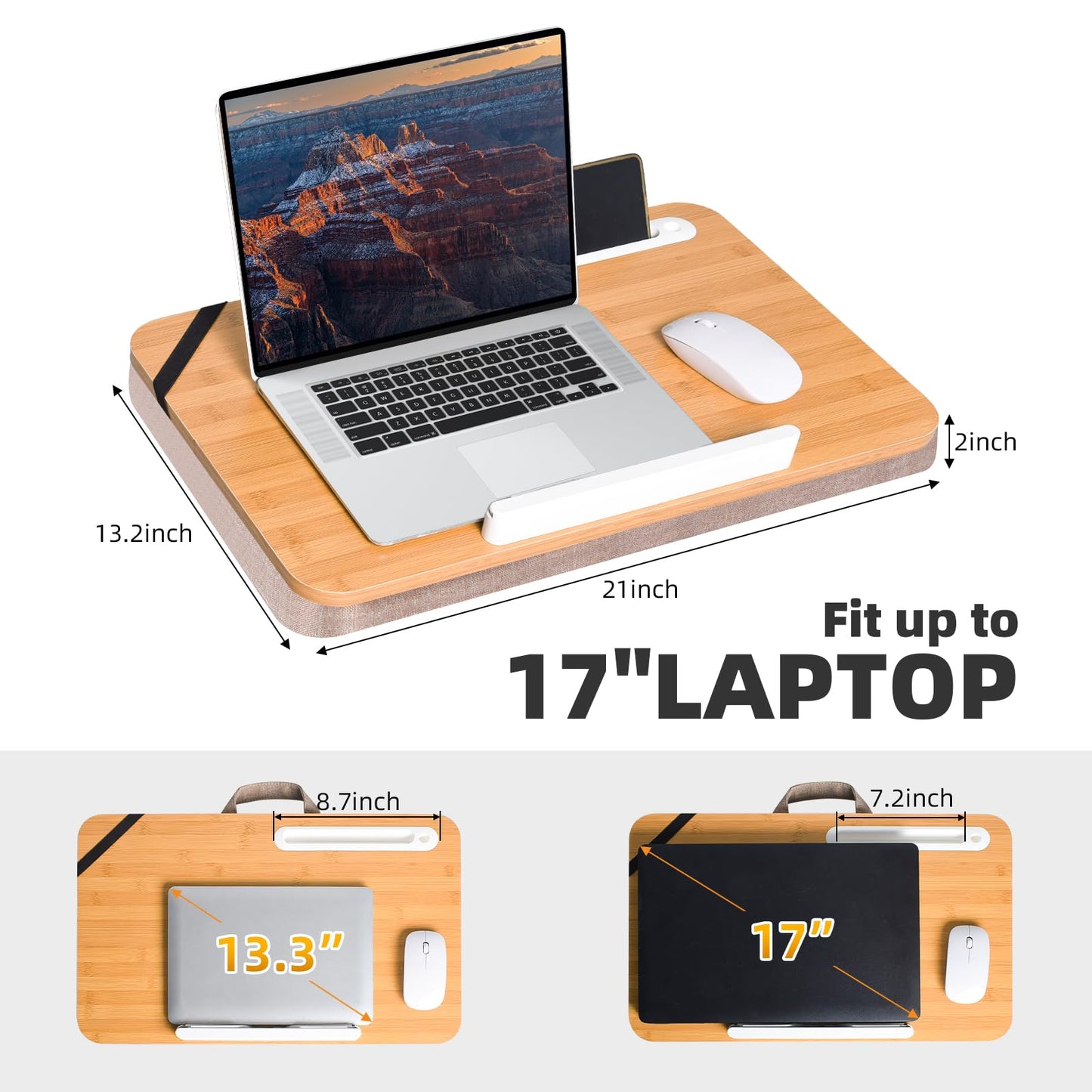 Wishacc Portable Bamboo Lap Desk Tray, Natural Wood, Large 21.1 x 12.9 Inch, for Home Office
