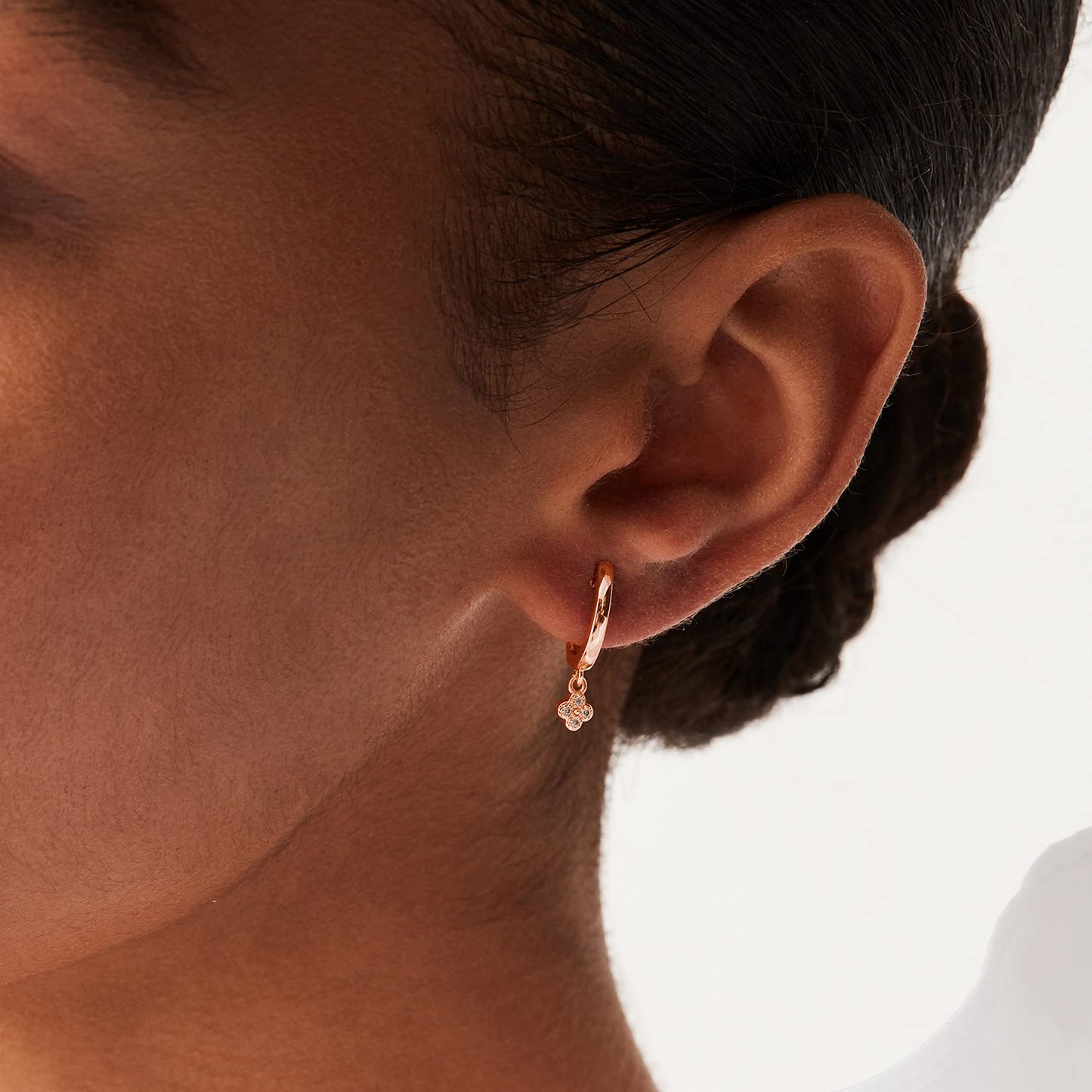 PAVOI 14K Rose Gold Plated 925 Sterling Silver Post Dangle Huggie Hoop Earrings For Women - Trendy Clover Drop Hoop Earrings - Cubic Zirconia Small Hinged Huggies