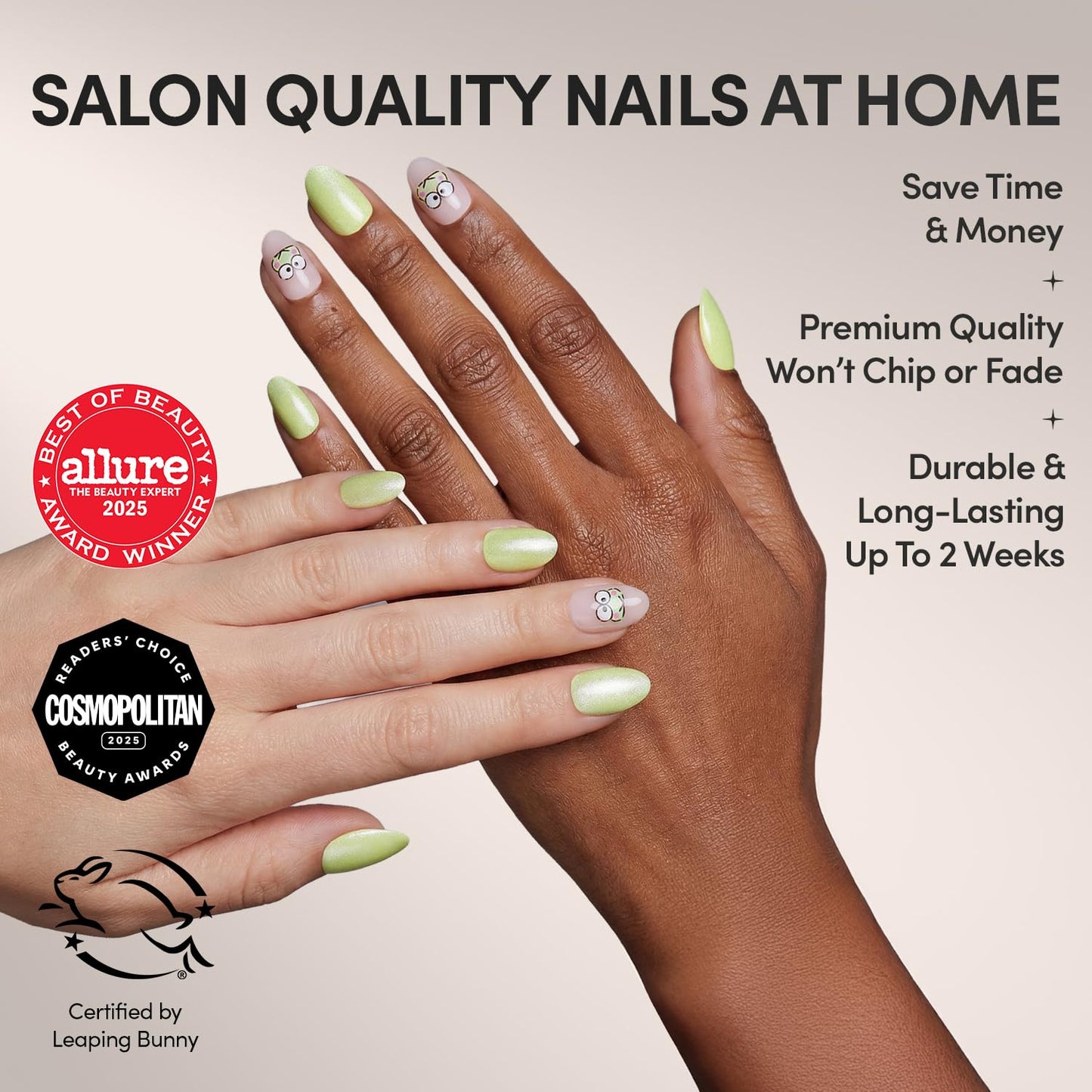 Glamnetic x Hello Kitty® and Friends Press On Nails - Keroppi™ | Short Oval Pastel Green Graphic Fake Nails in a Velvet Finish | 15 Sizes - 30 Nail Kit with Glue