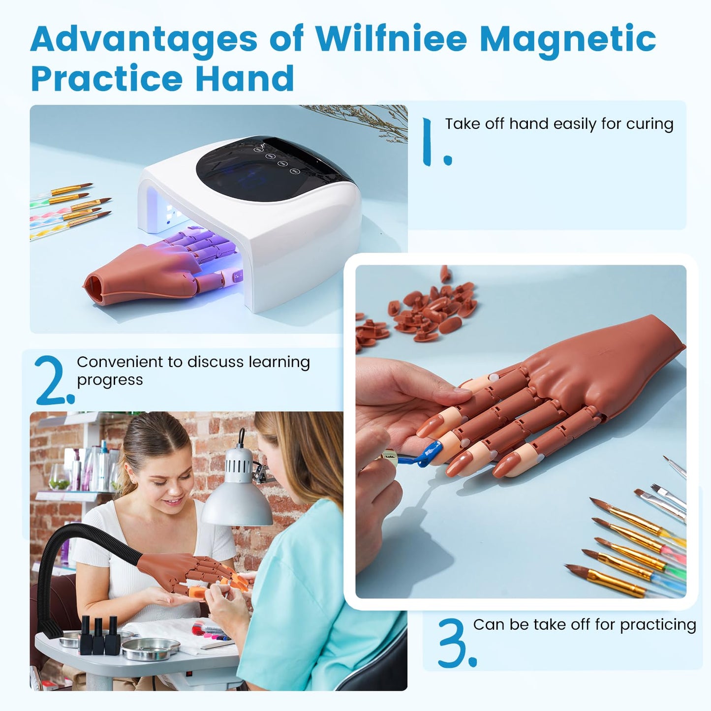 Wilfniee Magnetic Practice Hand for Acrylic Nails: Flexible Fake Nail Training Hand Practice - Manicure Hand Practice Kit for Beginners