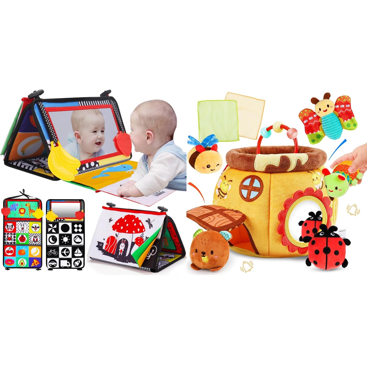 Thremhoo Crinkle Cloth Book Teether Black and White High Contrast Baby Toys & Soft Beehive with 5 Stuffed Animals, Rattle, Crinkle, Mirror, Montessori Sensory Toys