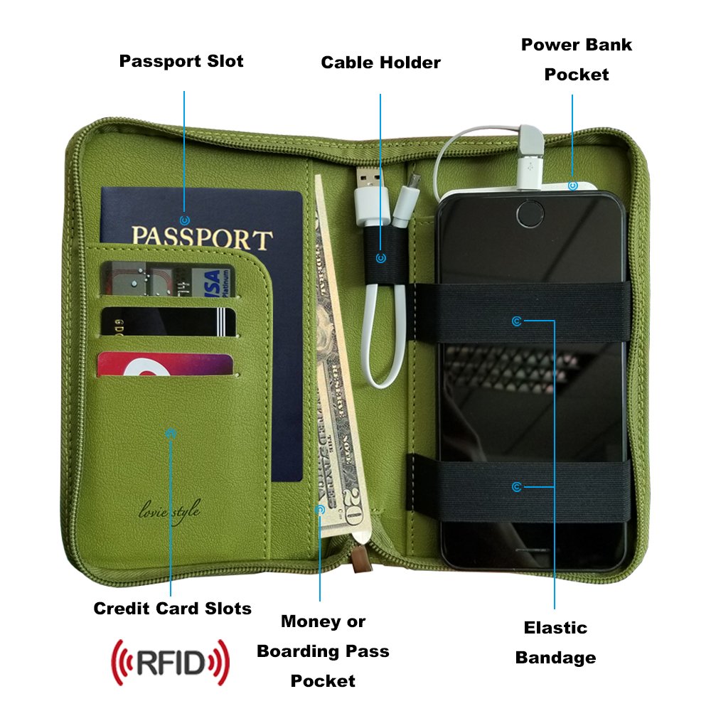 Phone Charging Passport Holder with Removable Fast Charging Power Bank that holds money, cards, phone, travel docs- RFID Blocking - Compatible with All Phones - Travel Accessories (Olive)