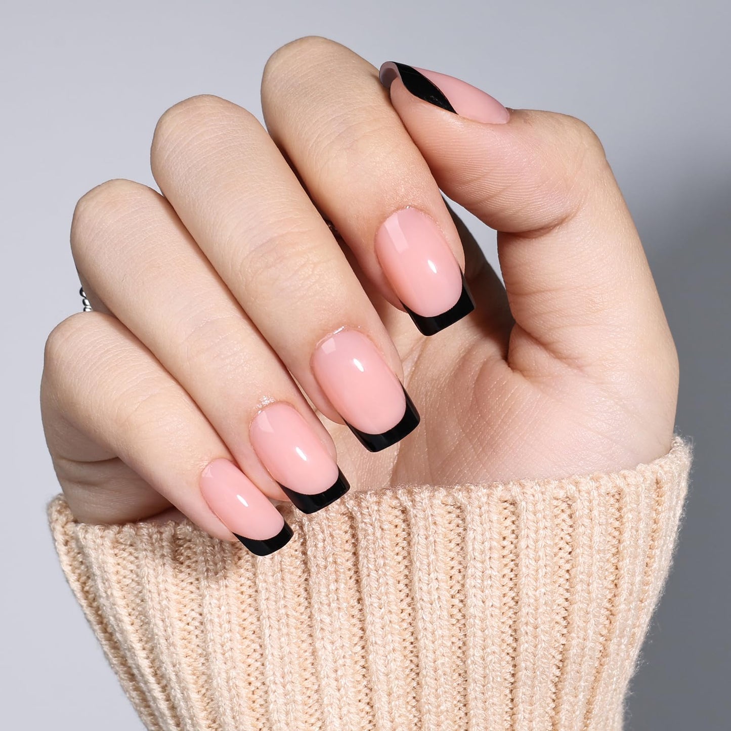 Black French Tip Press On Nails - Short Square Black Tips Press on Nails Glossy Nails Press Ons for Women, Reusable Fake Nails Kit with Glue,32 Pieces in 16 Sizes